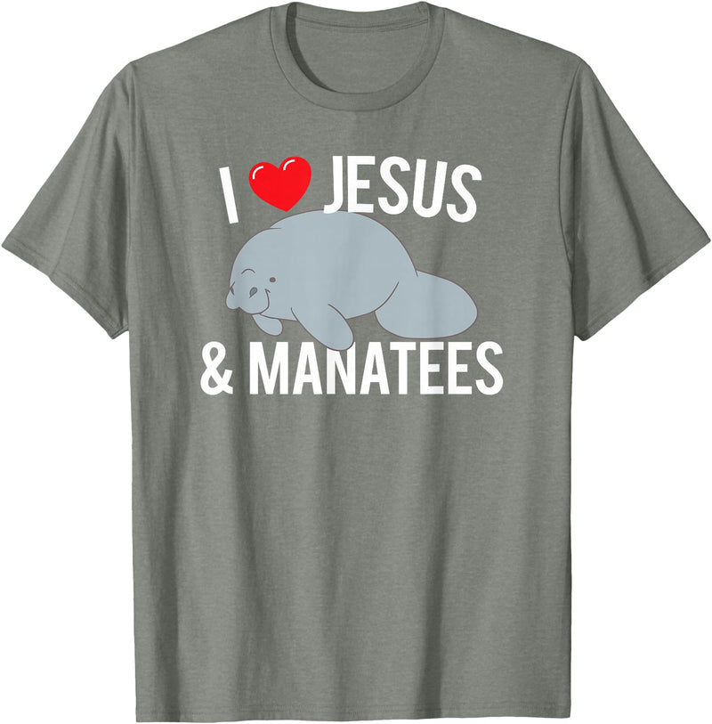 Sea Cows Tees I Love Jesus and Manatees, Cute Christian Manatee T Shirt T-Shirt - Olive Heather