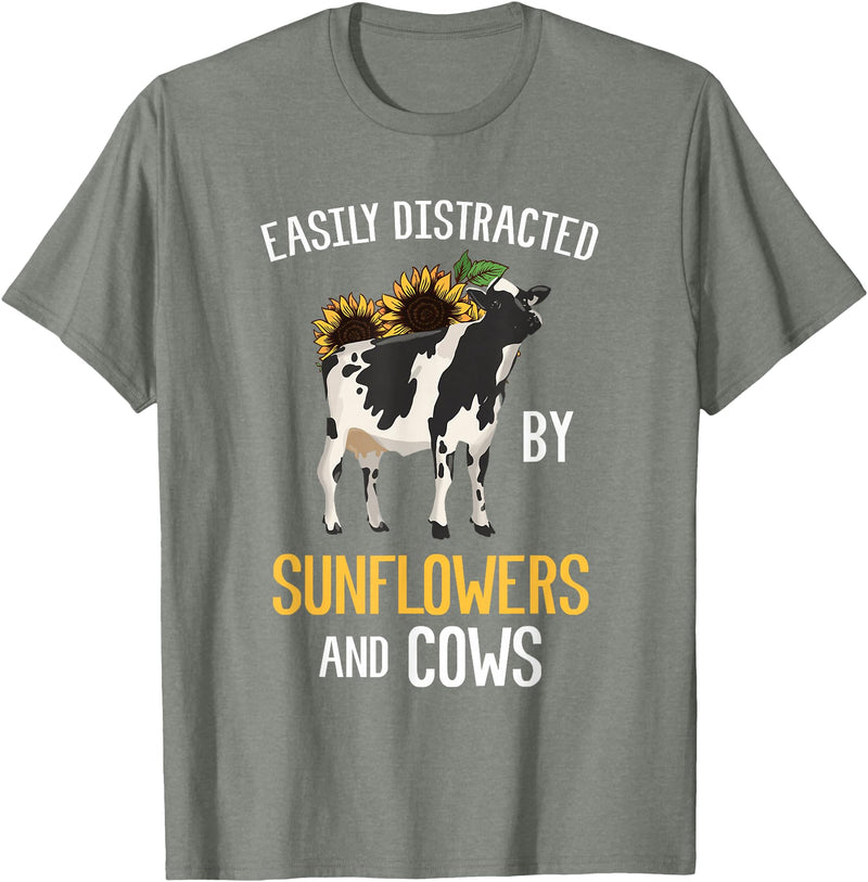 Funny Gift Idea for Sunflower and Cow Lovers Easily Distracted By Sunflowers and Cows T-Shirt - Olive Heather