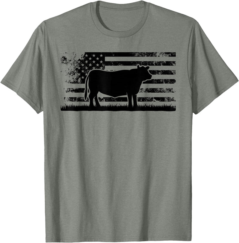 Funny Red Angus Rancher Gift for Cattle Lover USA American Flag - America Cow Red Angus Rancher T-Shirt - Olive Heather