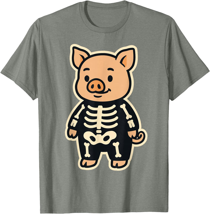 Spooky Cute Cartoon Animals in Halloween Outfits Funny Pig Skeleton Costume for Kids Boys Girls Halloween T-Shirt - Olive Heather