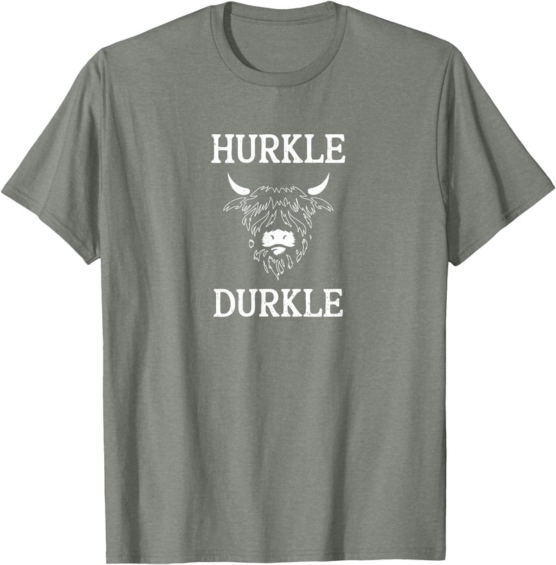 The Kilted Crow Hurkle Durkle Funny Scotland Highlands Cow Graphic T-Shirt - Olive Heather