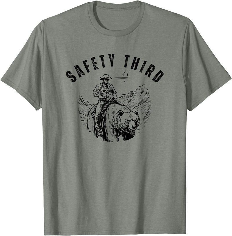 Exteevaganza Safety Third Cowboy Riding Bear Humorous Graphic T-Shirt - Olive Heather