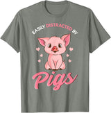 Cute Pig Designs Easily Distracted By Pigs Hog Lover Cute Farmer T-Shirt - Olive Heather