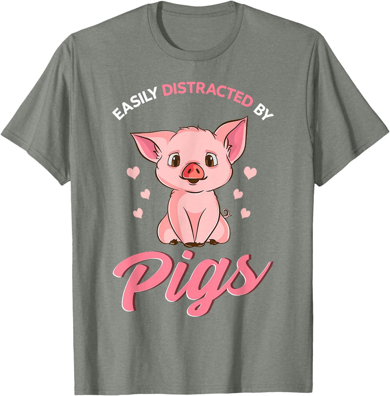 Cute Pig Designs Easily Distracted By Pigs Hog Lover Cute Farmer T-Shirt - Olive Heather