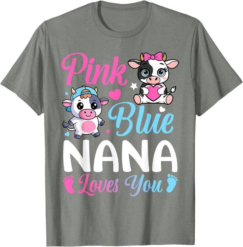 Cow Baby Shower Announcement Family Matching Tees Pink Or Blue Nana Loves You Cow Gender Reveal Family T-Shirt - Olive