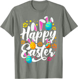 Funny Happy Easter Eggs with Easter Bunny Rabbit Ears T-Shirt in Olive Heather