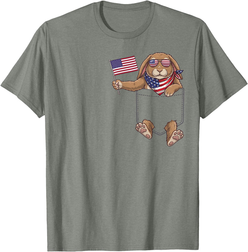 Rabbit Pocket Patriotic American Flag 4th of July USA T-Shirt in Olive Heather