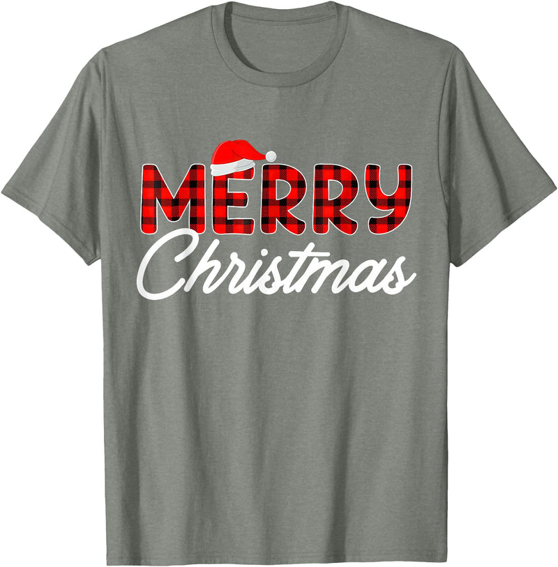 Merry Christmas Buffalo t -shir t Merry Christmas Buffalo Plaid Red Santa Hat Xmas Pajamas T-Shirt - Olive Heather