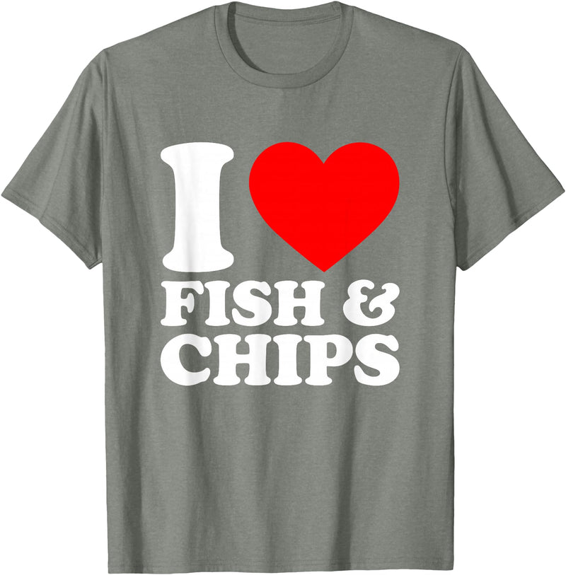 I Love Food Shirts Collection I Love Fish And Chips, I Heart Fish And Chips T-Shirt - Olive Heather