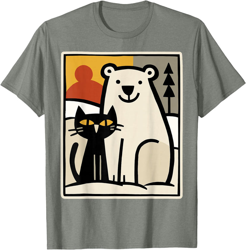 Utschki Bratschki Black Cat and Polar Bear Winter Animal Cute Snow Art T-Shirt - Olive Heather