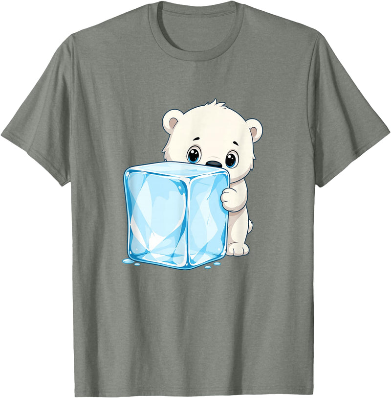 Cute Polar Bear Ice Cube Arctic Kawaii Adorable Baby Polar Bear Hugging Big Ice Cube T-Shirt - Olive Heather