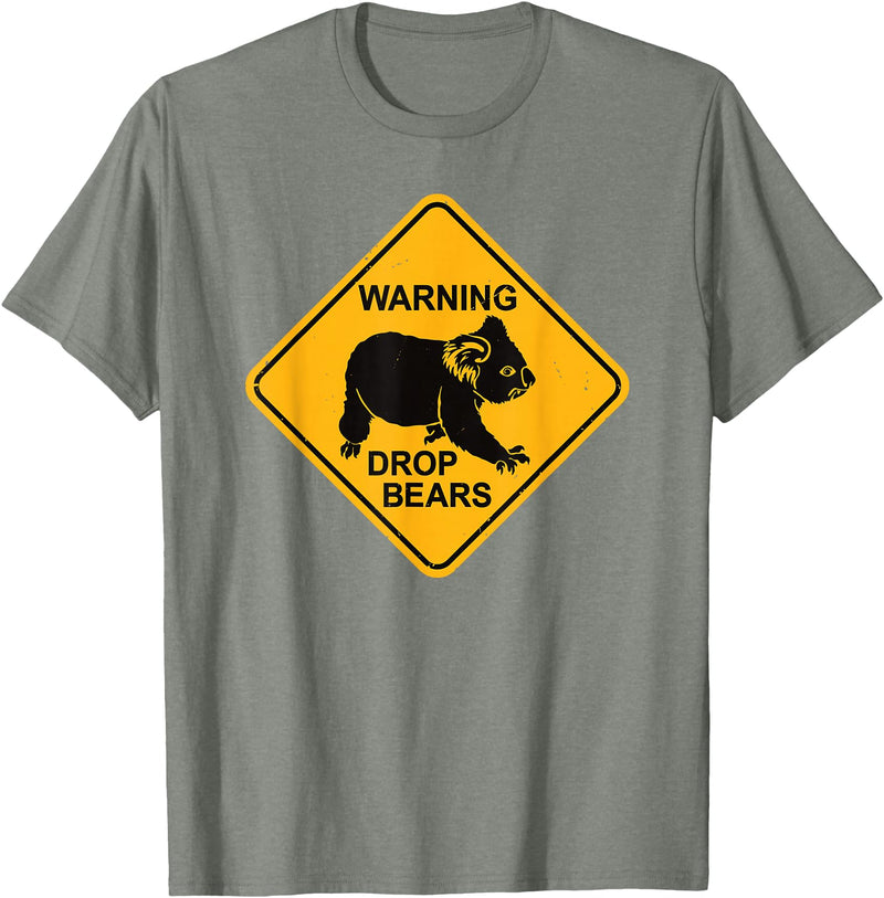 Australia Retro Koala Co. Koala Bear Warning Sign - Drop Bears Funny Koalas Australia T-Shirt - Olive Heather