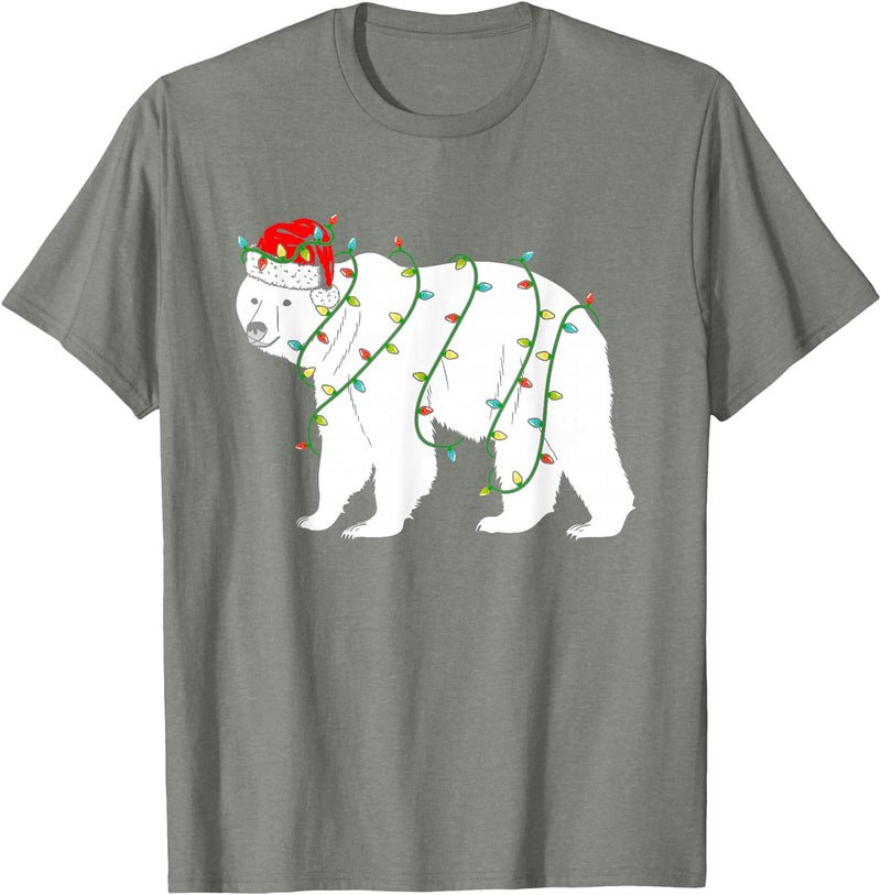 Funny Christmas Polar Bear Holiday Gifts Polar Bear Christmas Santa Hat Lights Xmas Gifts T-Shirt - Olive Heather