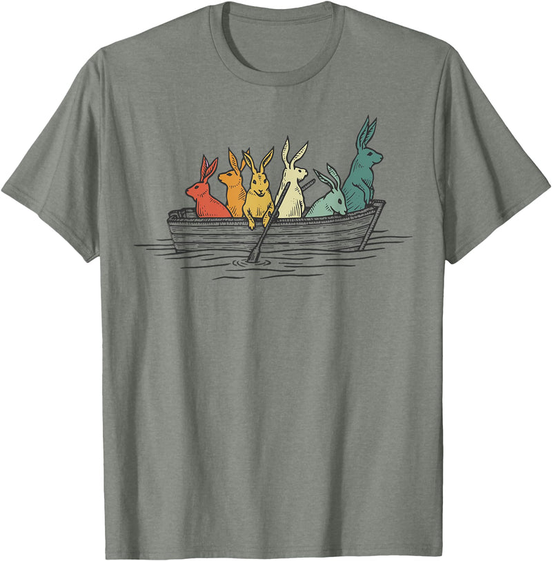 Pretty Rabbits in Retro Colors in a Boat - Bunny Rabbit T-Shirt in Olive Heather