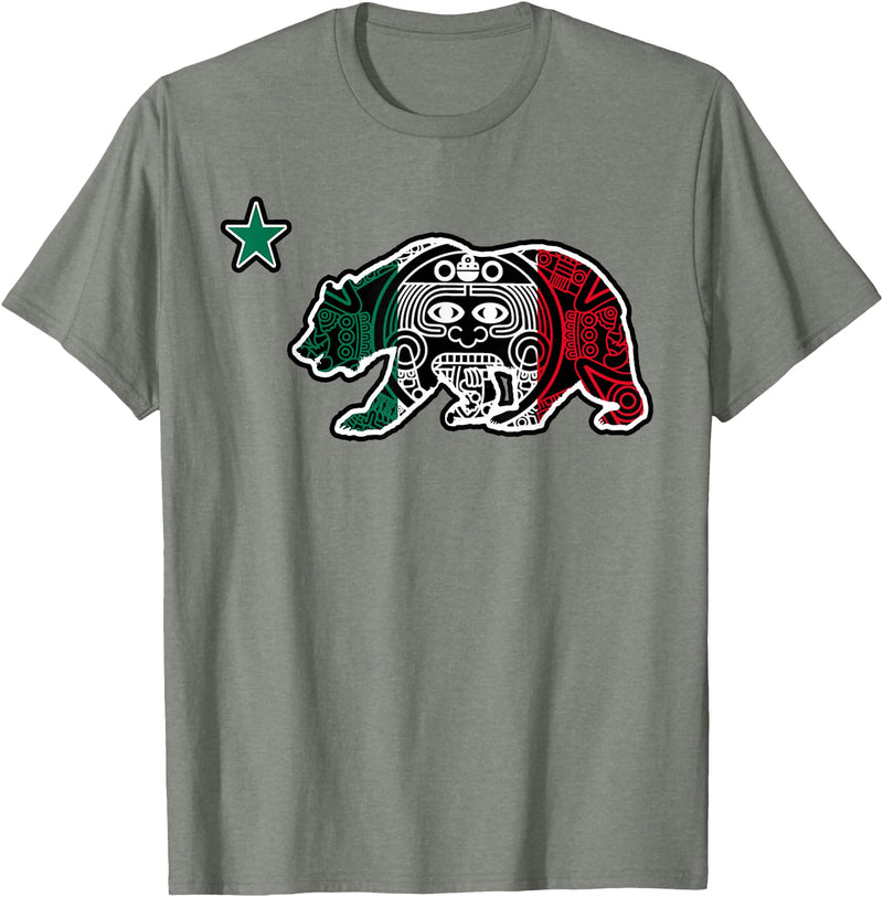 California Aztec Apparel Co California Republic Bear Aztec Calendar Mexico Mexican Flag T-Shirt - Olive Heather