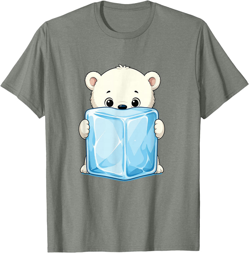 Cute Arctic Polar Bear With Ice Cube Kawaii Baby Polar Bear Holding Ice Cube Cartoon T-Shirt - Olive Heather