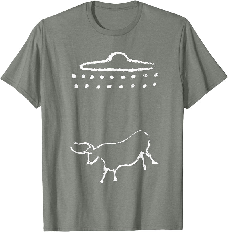 Barnum's Boutique Tees Funny Cow or Steer UFO Alien Ancient Cave Painting T-Shirt T-Shirt - Olive Heather