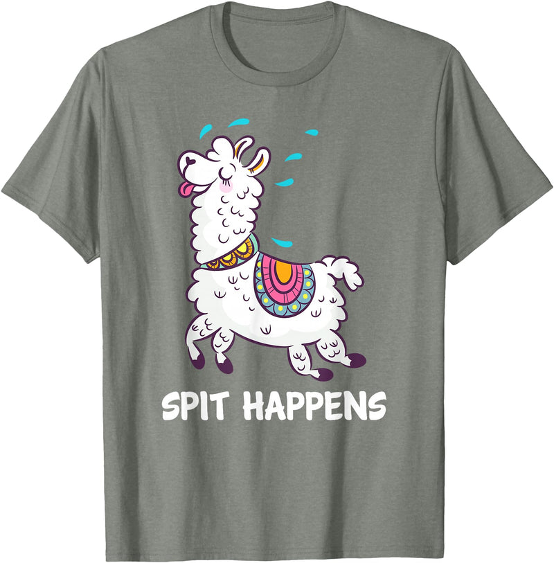 Funny Llama Pun by DSMD Spit Happens Llama Alpaca Lovers Funny Animal Pun T-Shirt - Olive Heather
