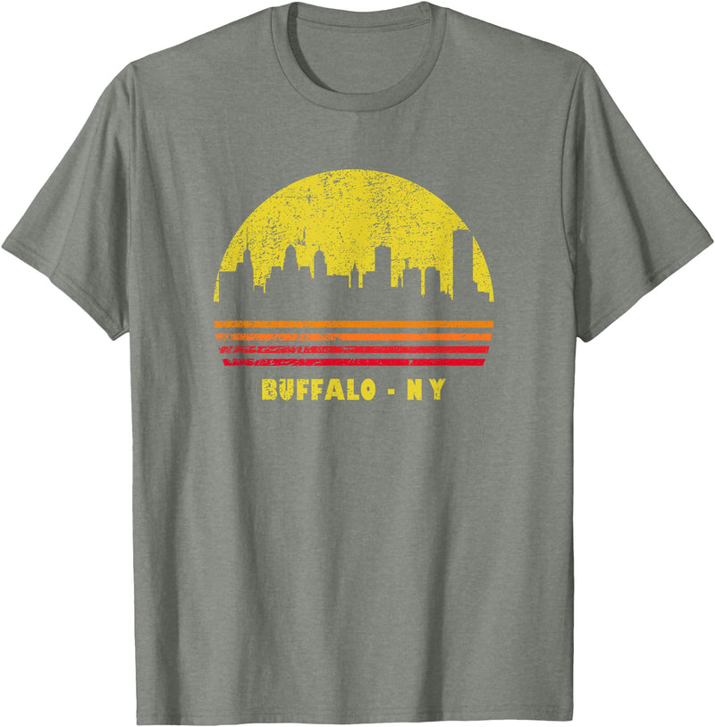 Wowsome! Vintage Retro Sunset Buffalo NY Skyline T-Shirt - Olive Heather