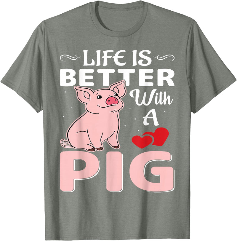 Funny Pig Farm Piggy Farmer Farming Gifts DAIMMER Life Is Better With A Pig T-Shirt - Olive Heather