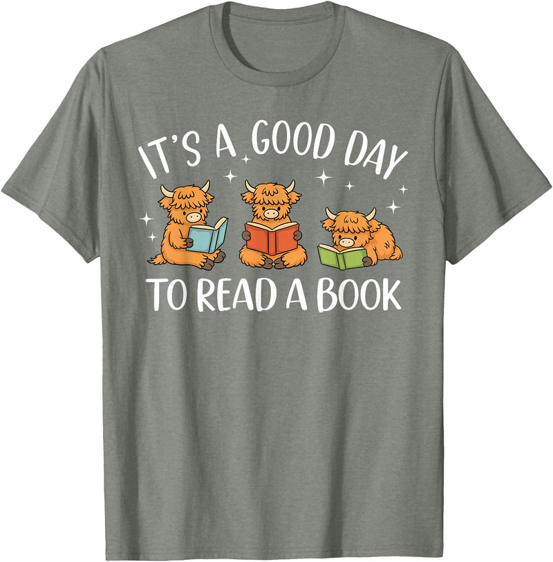 Cute Highland Cow Reading Book Lover It's A Good Day to Read A Book Highland Cow Bookworm T-Shirt - Olive Heather