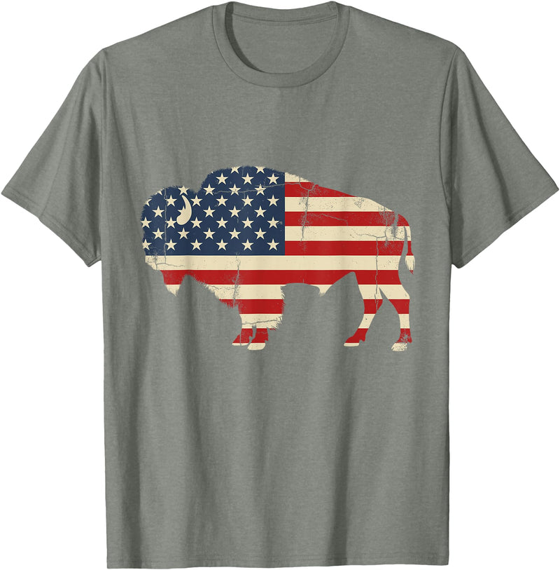 Bison American Buffalo Patriotic Heritage Lr Vintage Buffalo American Flag USA Bison Lover Wildlife T-Shirt - Olive Heather