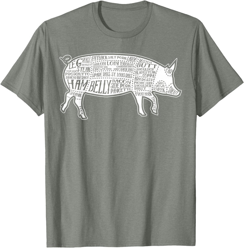 Pig Grilling Pork BBQ Bacon Lover Fun Gift Idea Lard Cuts Image Pig Parts Diagram Illustration Butcher Print T-Shirt - Olive Heather