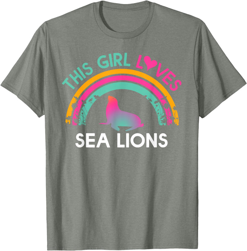 Rainbow Sea lions Outfit for toddler Girl Kids this Girl Loves Sea lions Cute Rainbow Silhouette T-Shirt - Olive Heather