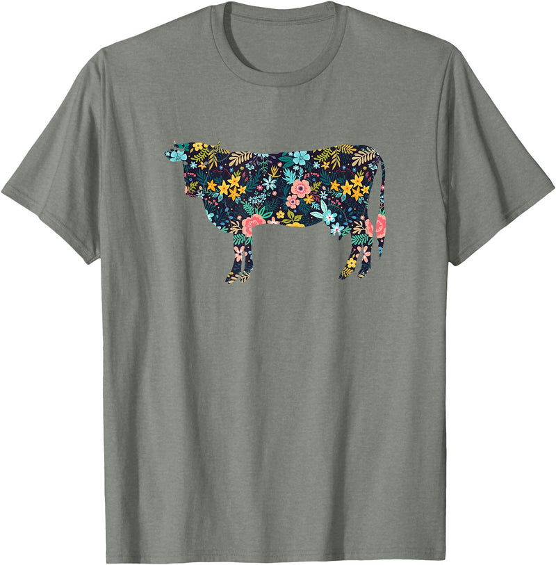 Cow Floral Silhouette Cattle Farm Lover Floral Cow Silhouette Womens Girls Cow Farm Animal T-Shirt - Olive Heather