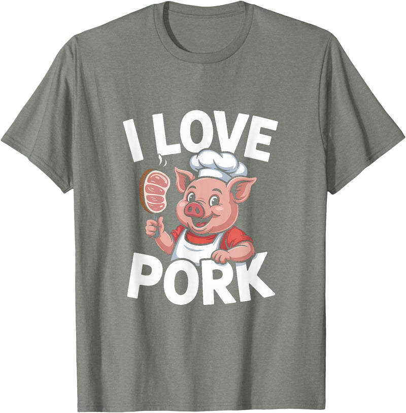 Pig Chef Barbecue Enthusiast Humor I Love Pork Funny Pig Chef Cartoon BBQ T-Shirt - Olive Heather