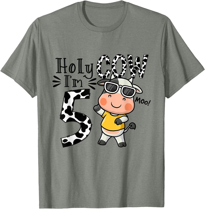 Holy Cow I'm 5 Birthday Boy Tee Gifts Cute 5th Cow Farm Animals Bday Holy Cow I'm 5 Birthday Boy T-Shirt - Olive Heather
