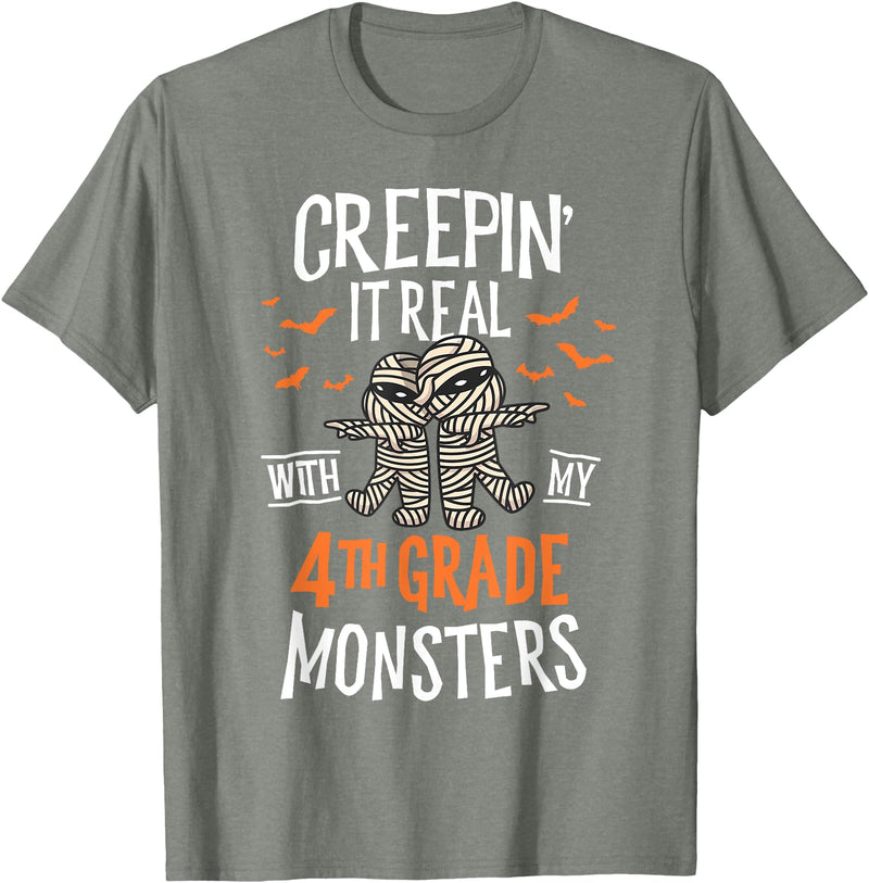 Halloween by Joy Haus Creepin It Real with My 4th Grade Monsters Halloween Teacher T-Shirt - Olive Heather