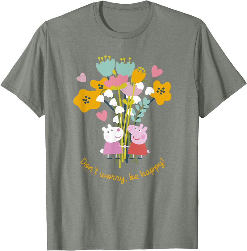 Peppa Pig Don't Worry Be Happy Floral Logo T-Shirt - Olive Heather