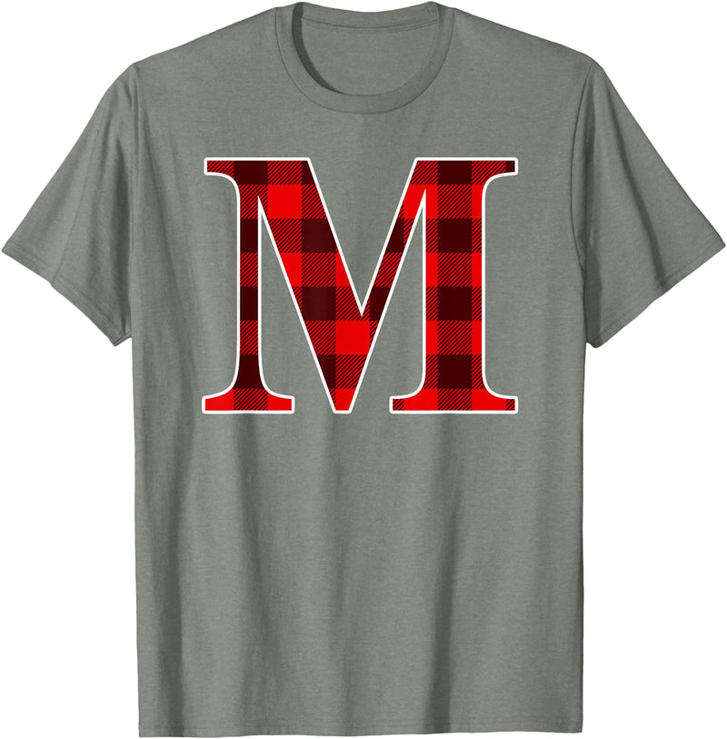 Buffalo Plaid Forever Buffalo Plaid Monogram Letter M Matching Holiday T-Shirt - Olive Heather