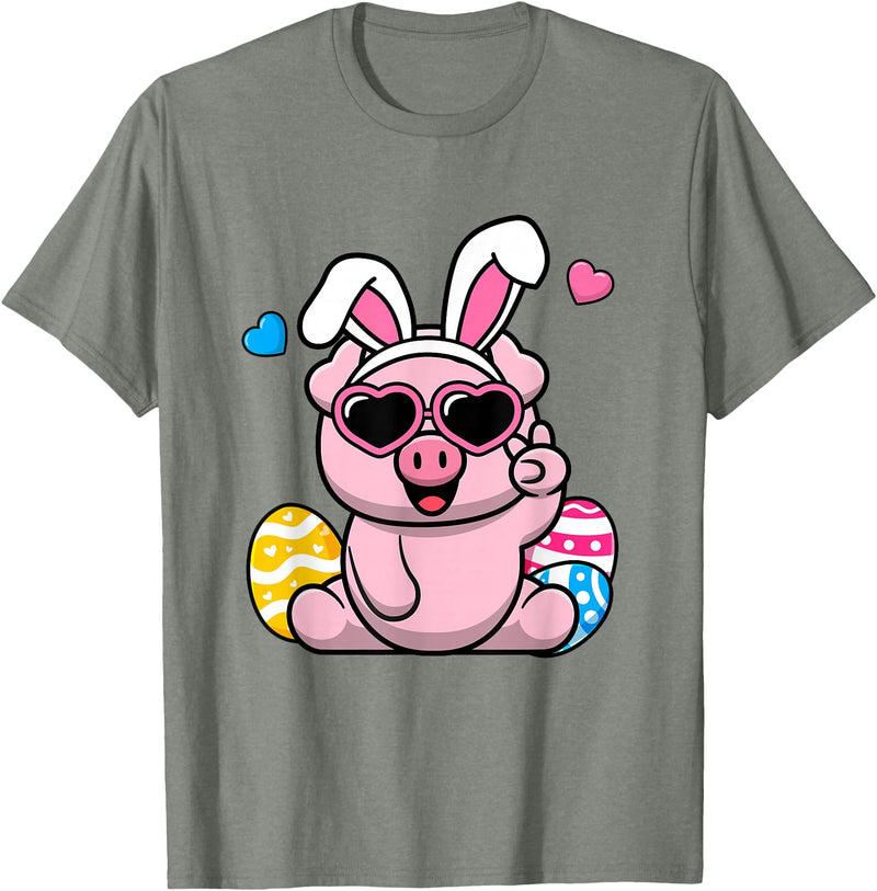Cute Bunny Pig Happy Easter Day Gift Cute Pig Bunny Ears Easter Day Boy Girl Kids T-Shirt - Olive Heather