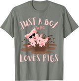 Funny Pig Lover Farm Animals Just A Boy Who Loves Pigs sunglasses In the Mud Kids Boy T-Shirt - Olive Heather