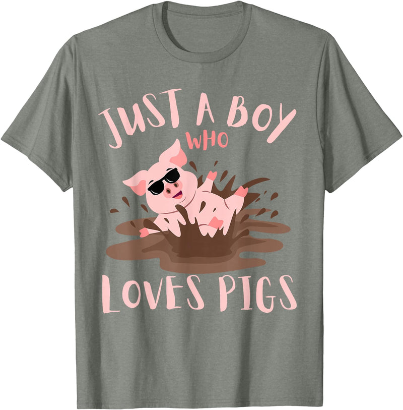 Funny Pig Lover Farm Animals Just A Boy Who Loves Pigs sunglasses In the Mud Kids Boy T-Shirt - Olive Heather