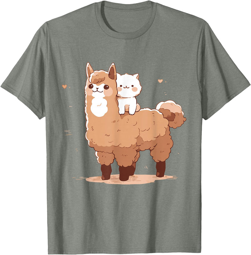 Funny Llama Alpaca Animal Lover Gifts Clothing Llama Alpaca Cat T-Shirt - Olive Heather