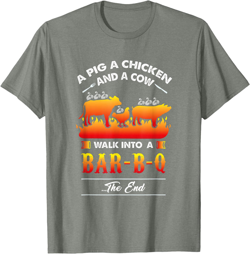 anti vegan shirt I funny bbq bacon fans A Pig, A Chicken, And A Cow Walk Into A Barbecue Bar-B-Q T-Shirt - Olive Heather