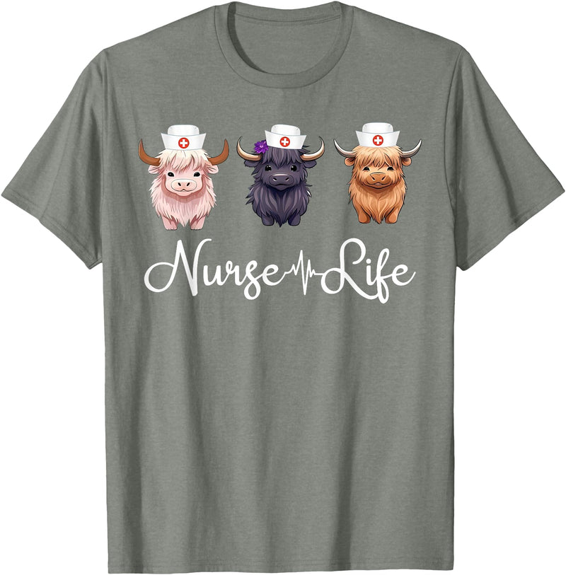 Highland Cow Nurse Life Costume Cute Highland Cow Nurse Life Farm Animal Lover Nursing T-Shirt - Olive Heather