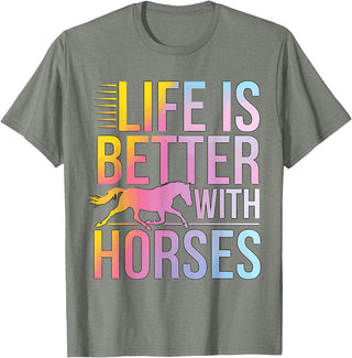 GrandMaster Design Life Is better With Horses T-Shirt - Olive Heather