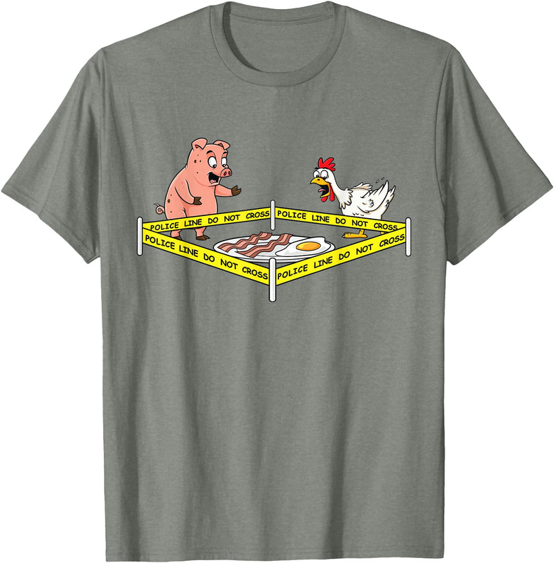 Mr Ben Thanksgiving Police Line Do Not Cross Pig and Chicken Funny Food T-Shirt - Olive Heather
