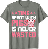 Funny Pig Farm Piggy Farmer Farming Gifts DAIMMER Time Spent With Pigs Is Never Wasted T-Shirt - Olive Heather