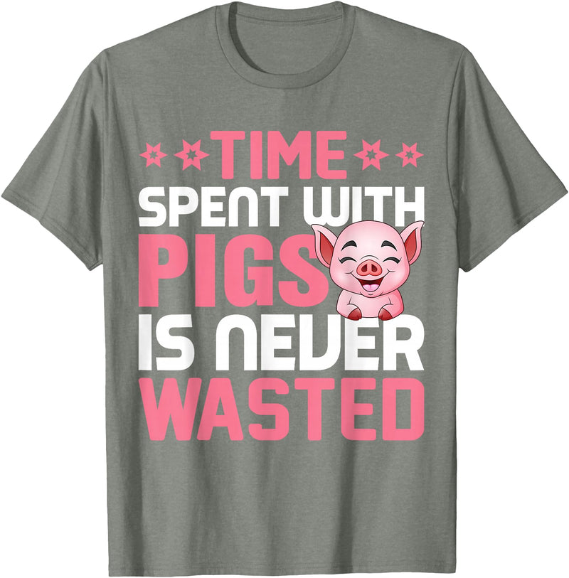 Funny Pig Farm Piggy Farmer Farming Gifts DAIMMER Time Spent With Pigs Is Never Wasted T-Shirt - Olive Heather