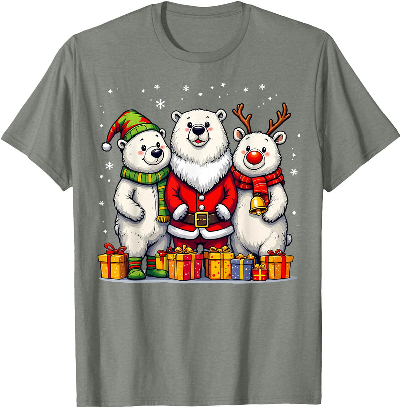 Christmas Polar Bear Santa Elf Reindeer Holiday Cute Christmas Polar Bears in Santa Elf and Reindeer Costume T-Shirt - Olive Heather