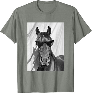 Funny Animal Photography Clothing Co. Cute Horse with Sunglasses Farm Animal Photo Booth T-Shirt - Olive Heather