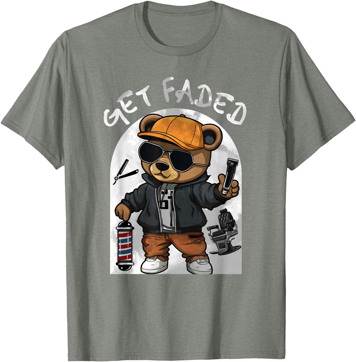 Black Barbershop African American Barber Designs Get Faded Hip Hop Teddy Bear Barber Streetwear Fade Haircut T-Shirt - Olive Heather