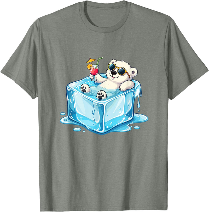 Cool Polar Bear Summer Vibes Chill Ice Cube Lazy Polar Bear in Ice Cube Tropical Cocktail T-Shirt - Olive Heather