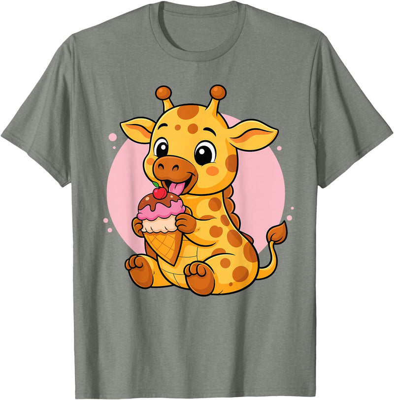 Funny Cute Giraffe Ice Cream Kawaii Design Giraffe Eating Ice Cream Graphic Boys Girls Giraffe Lover T-Shirt - Olive Heather