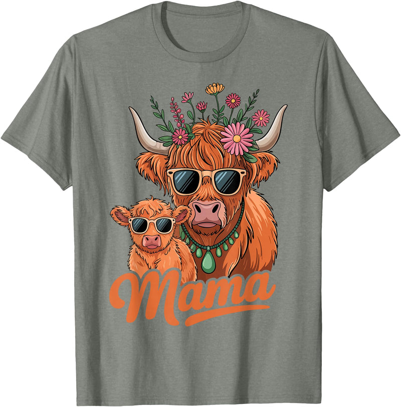 Scottish Farm Matching Mom Daughter Highland Cow Highland Cow Mama Mom Baby Calf Daughter Floral Mothers Day T-Shirt - Olive